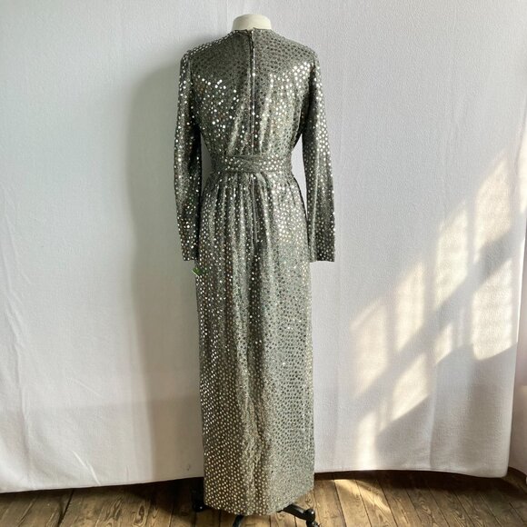 1970s Silver Sequined Modest Long Sleeve Maxi Dress - Picture 13 of 15